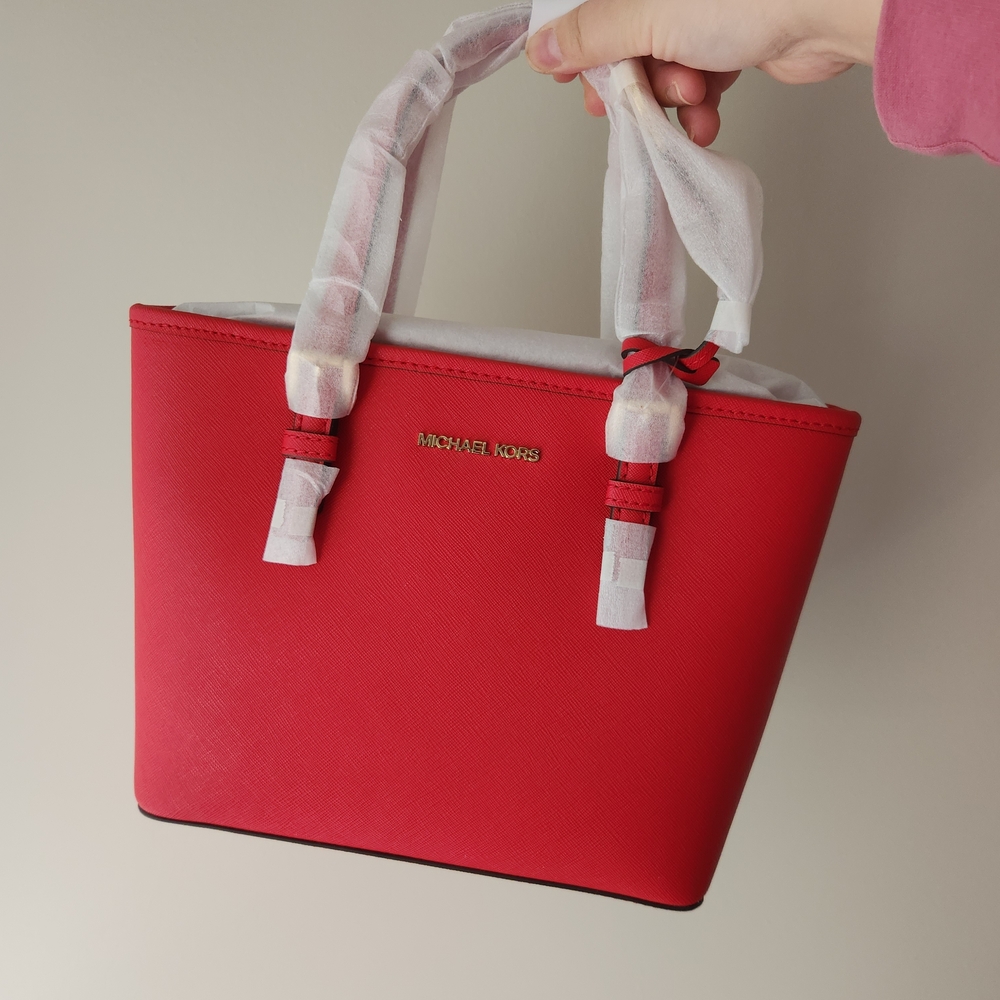 NWT Michael Kors Jet Set Travel Xsmall Carryall Zip Top Tote Bag - Bright Red